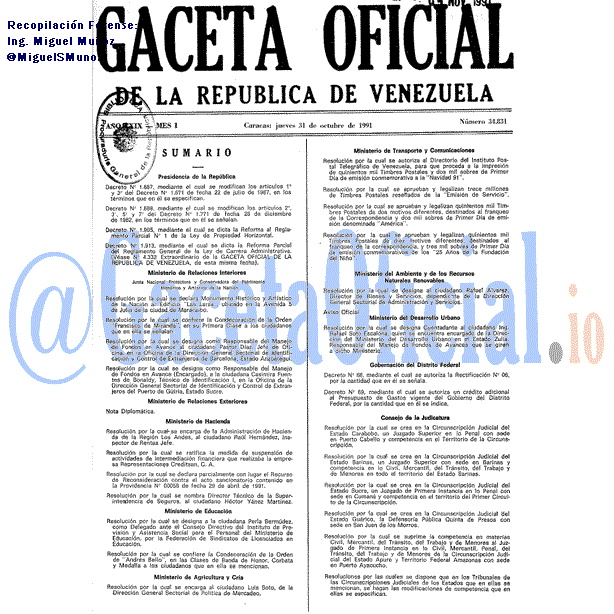 Gaceta Oficial 34831 del 31 Octubre 1991