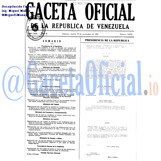 Gaceta Oficial 34844 del 19 Noviembre 1991