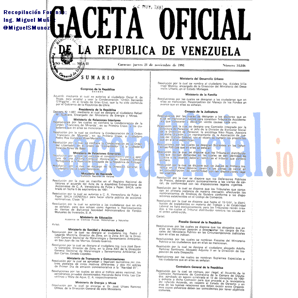 Gaceta Oficial 34846 del 21 Noviembre 1991