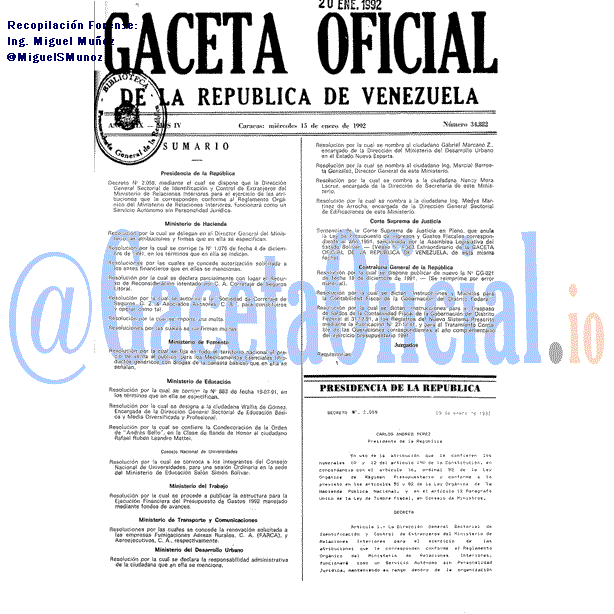 Gaceta Oficial 34882 del 15 Enero 1992