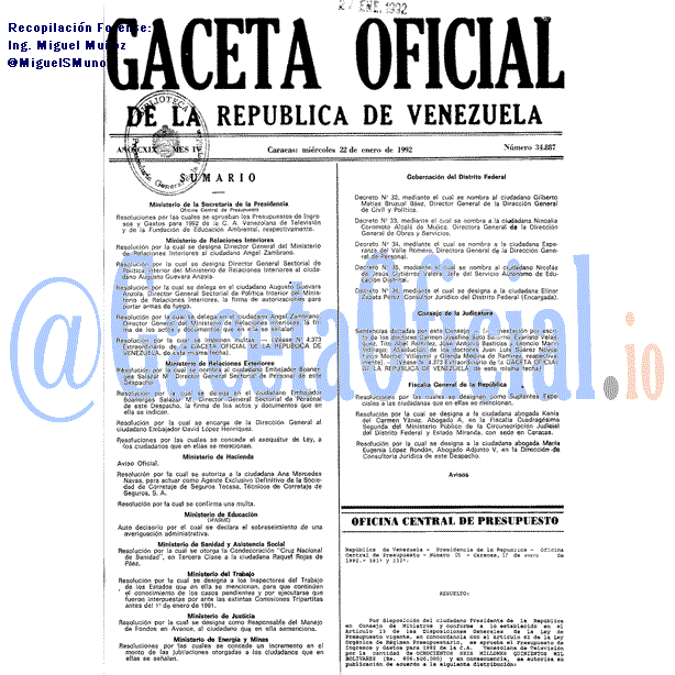 Gaceta Oficial 34887 del 22 Enero 1992