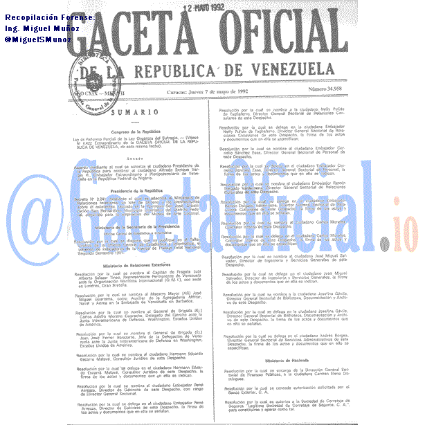 Gaceta Oficial 34958 del 7 Mayo 1992
