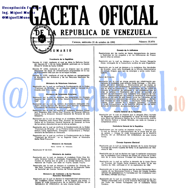 Gaceta Oficial 35074 del 21 Octubre 1992