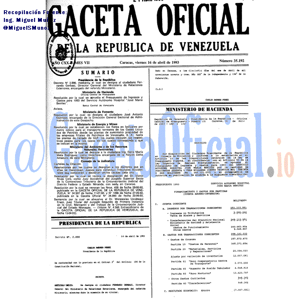 Gaceta Oficial 35192 del 16 Abril 1993