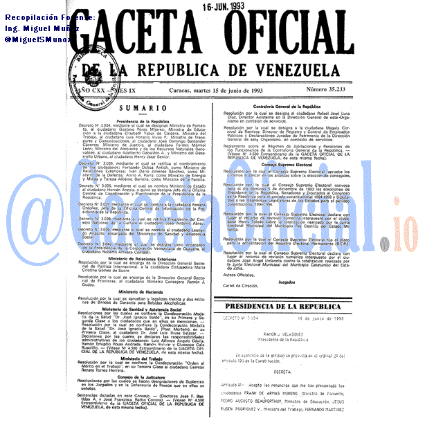 Gaceta Oficial 35233 del 15 Junio 1993