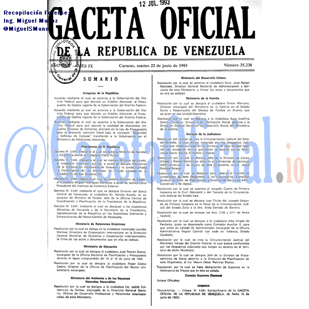 Gaceta Oficial 35238 del 22 Junio 1993
