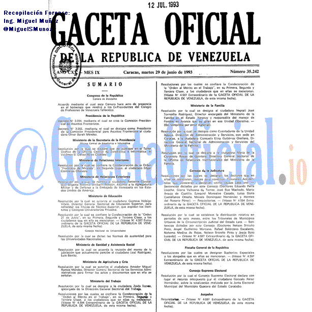 Gaceta Oficial 35242 del 29 Junio 1993