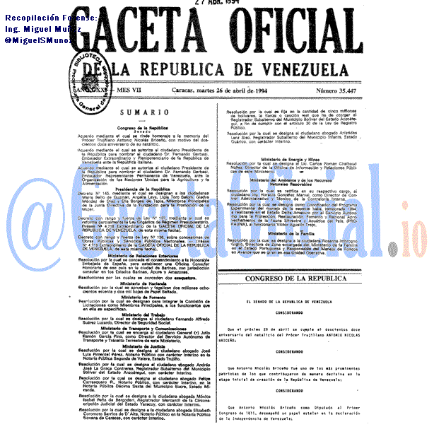 Gaceta Oficial 35447 del 26 Abril 1994