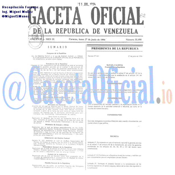 Gaceta Oficial 35490 del 27 Junio 1994