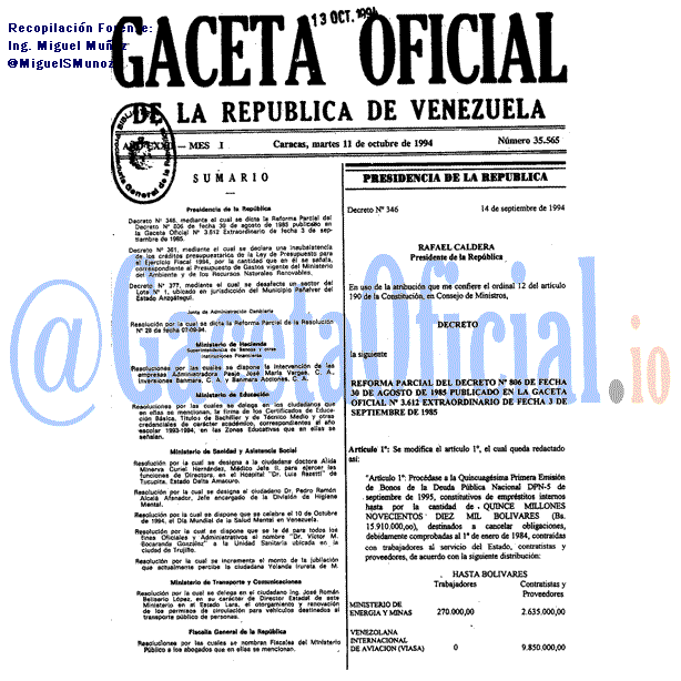 Gaceta Oficial 35565 del 11 Octubre 1994