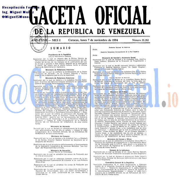 Gaceta Oficial 35582 del 7 Noviembre 1994