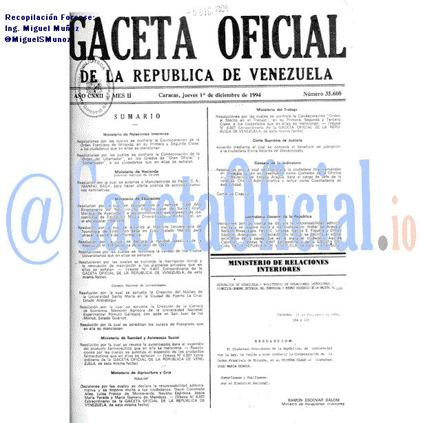 Gaceta Oficial 35600 del 1 Diciembre 1994