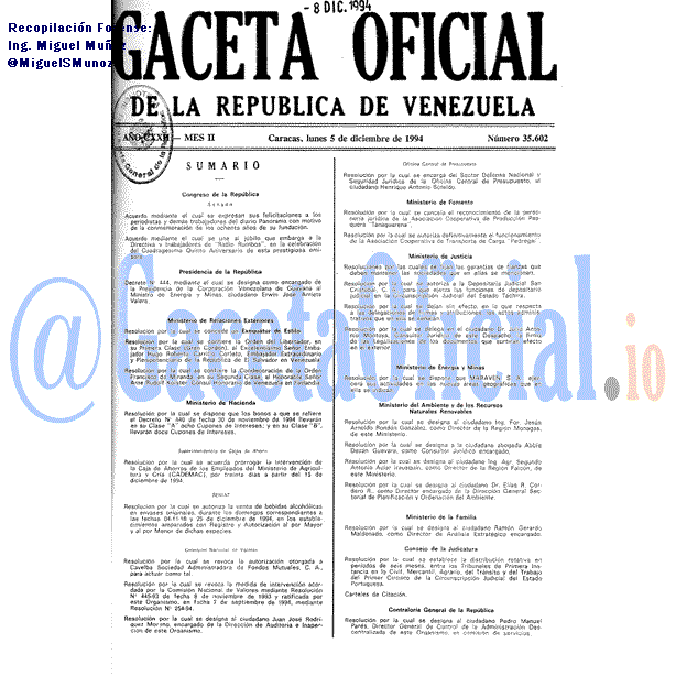 Gaceta Oficial 35602 del 5 Diciembre 1994