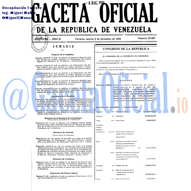 Gaceta Oficial 35603 del 6 Diciembre 1994
