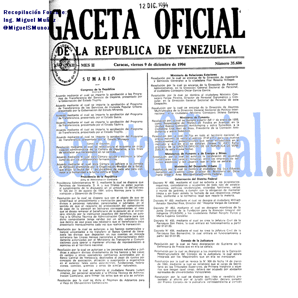 Gaceta Oficial 35606 del 9 Diciembre 1994
