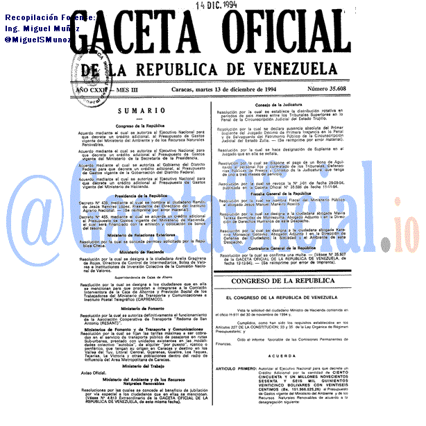 Gaceta Oficial 35608 del 13 Diciembre 1994