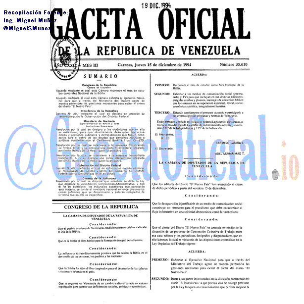 Gaceta Oficial 35610 del 15 Diciembre 1994