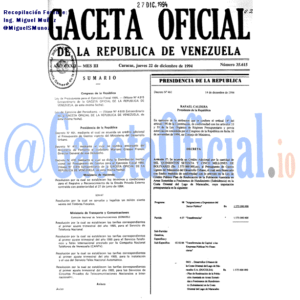 Gaceta Oficial 35615 del 22 Diciembre 1994