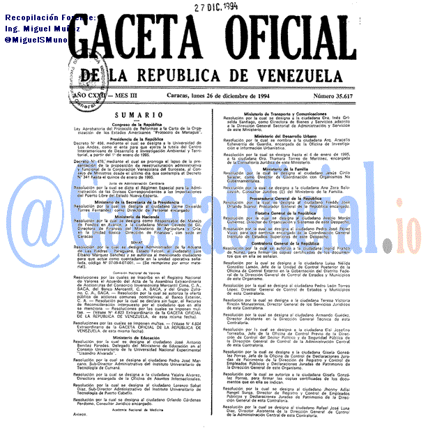 Gaceta Oficial 35617 del 26 Diciembre 1994