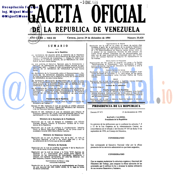 Gaceta Oficial 35620 del 29 Diciembre 1994