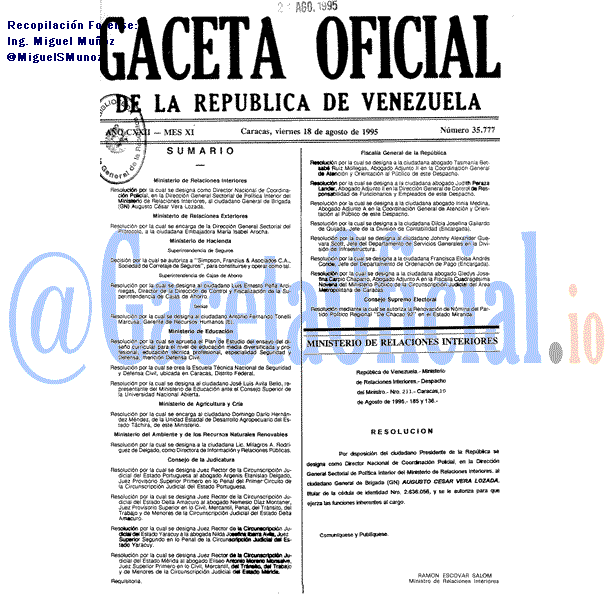 Gaceta Oficial 35777 del 18 Agosto 1995