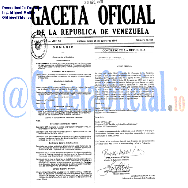 Gaceta Oficial 35783 del 28 Agosto 1995