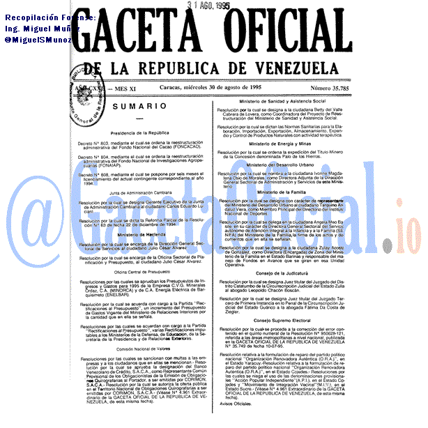 Gaceta Oficial 35785 del 30 Agosto 1995