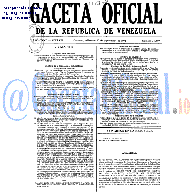 Gaceta Oficial 35800 del 20 Septiembre 1995