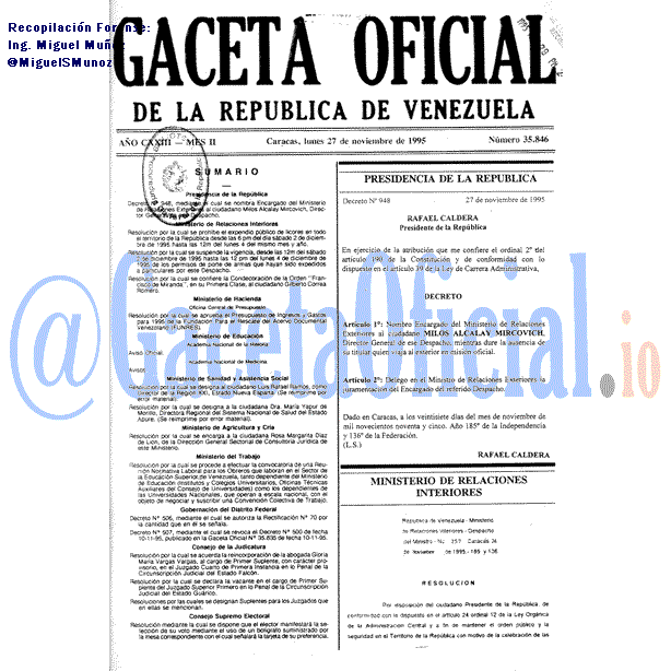 Gaceta Oficial 35846 del 27 Noviembre 1995