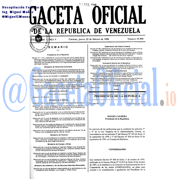 Gaceta Oficial 35905 del 22 Febrero 1996