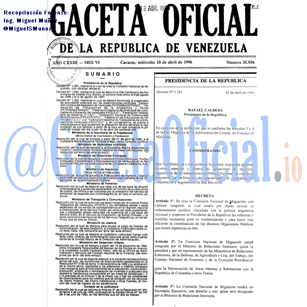 Gaceta Oficial 35936 del 10 Abril 1996