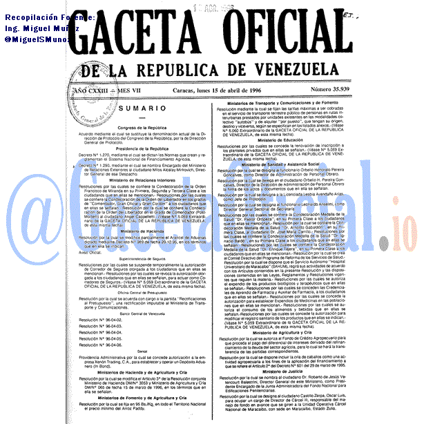 Gaceta Oficial 35939 del 15 Abril 1996