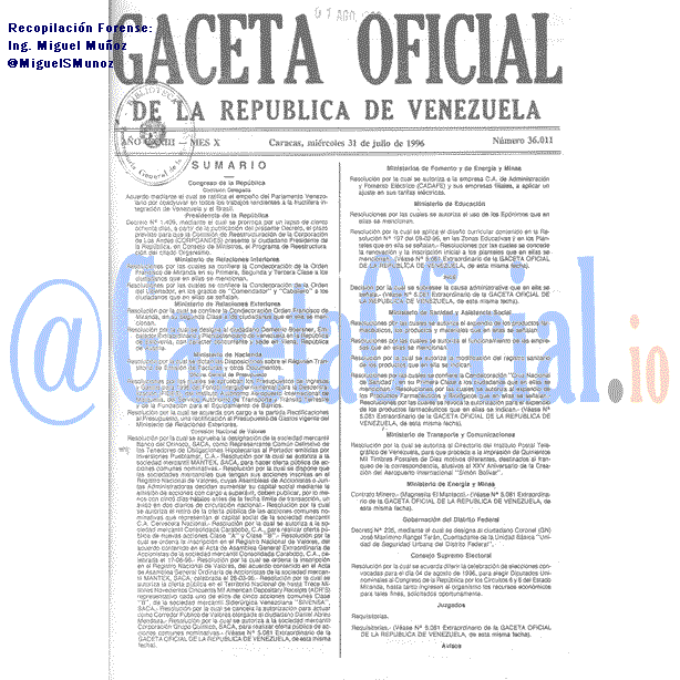 Gaceta Oficial 36011 del 31 Julio 1996