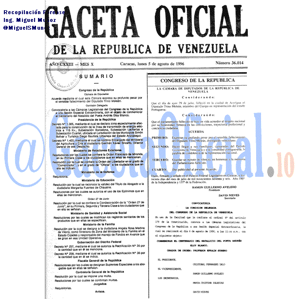 Gaceta Oficial 36014 del 5 Agosto 1996