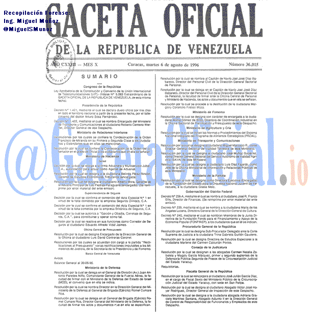 Gaceta Oficial 36015 del 6 Agosto 1996