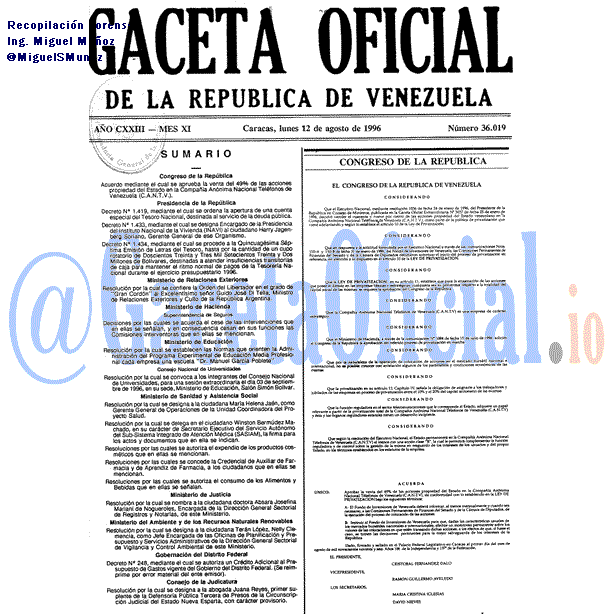 Gaceta Oficial 36019 del 12 Agosto 1996