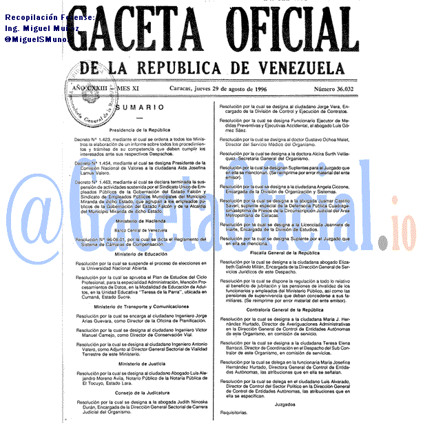 Gaceta Oficial 36032 del 29 Agosto 1996
