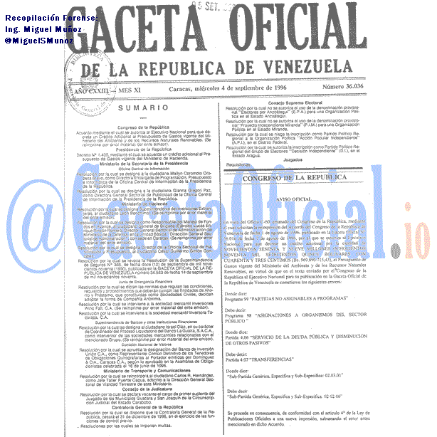 Gaceta Oficial 36036 del 4 Septiembre 1996