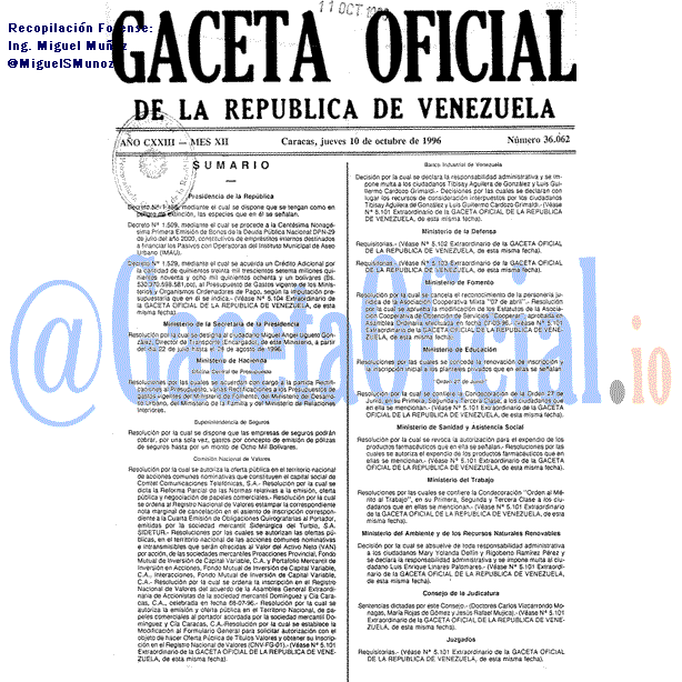 Gaceta Oficial de Venezuela 36062 del jueves 10 octubre 1996