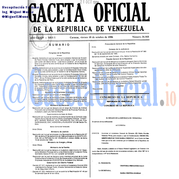 Gaceta Oficial 36068 del 18 Octubre 1996