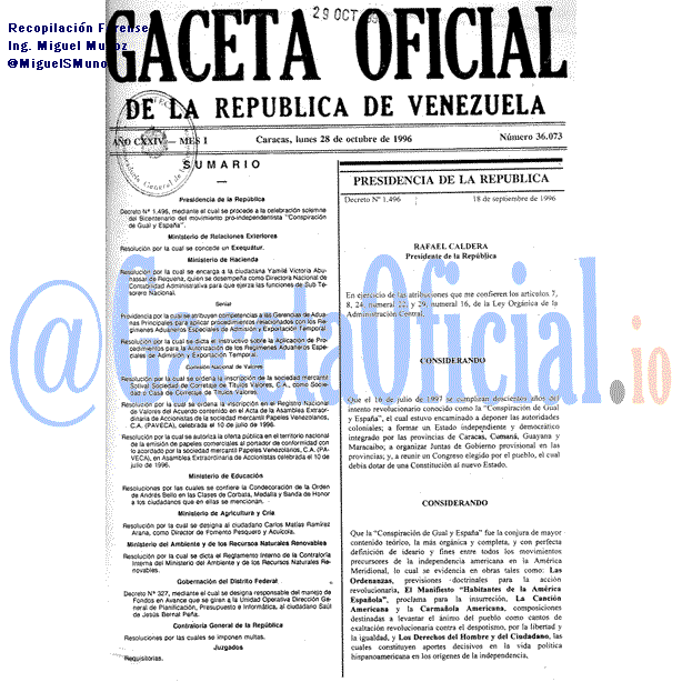 Gaceta Oficial 36073 del 28 Octubre 1996