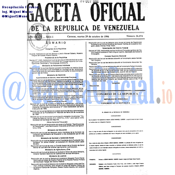 Gaceta Oficial 36074 del 29 Octubre 1996
