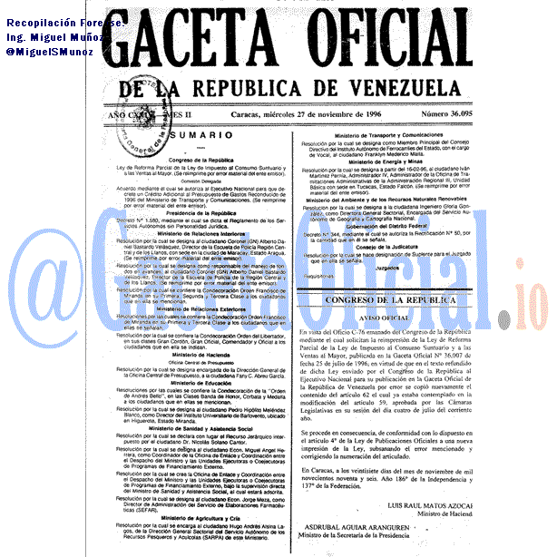 Gaceta Oficial 36095 del 27 Noviembre 1996