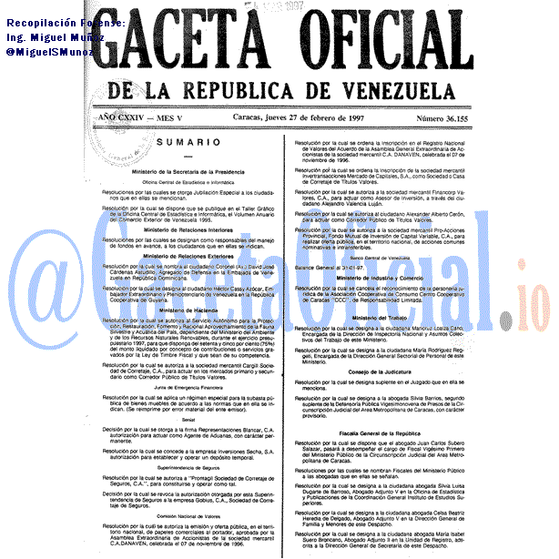 Gaceta Oficial 36155 del 27 Febrero 1997