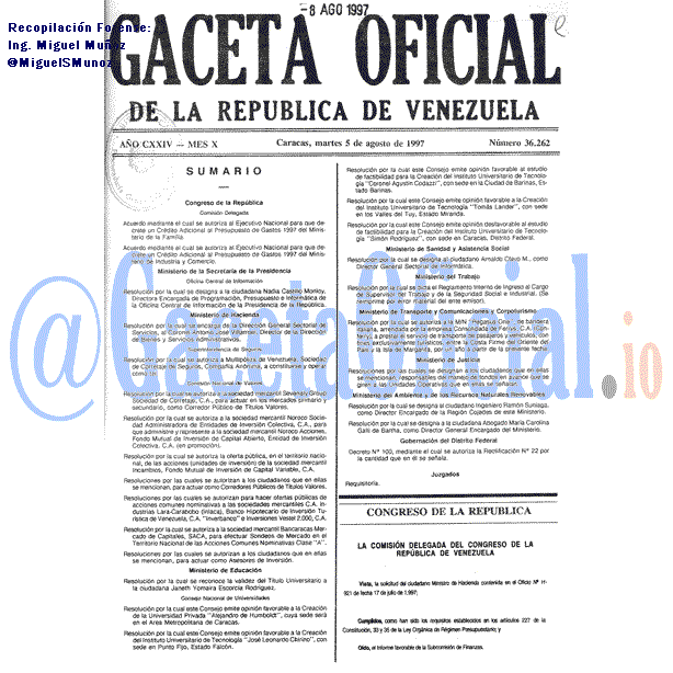 Gaceta Oficial 36262 del 5 Agosto 1997