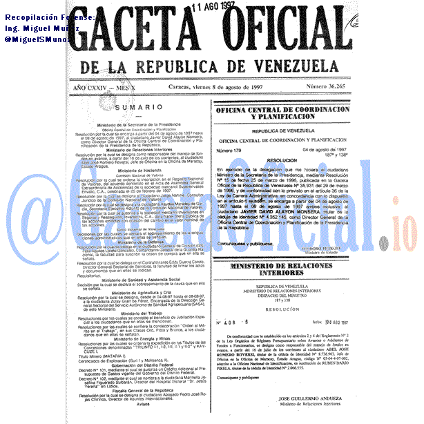 Gaceta Oficial 36265 del 8 Agosto 1997