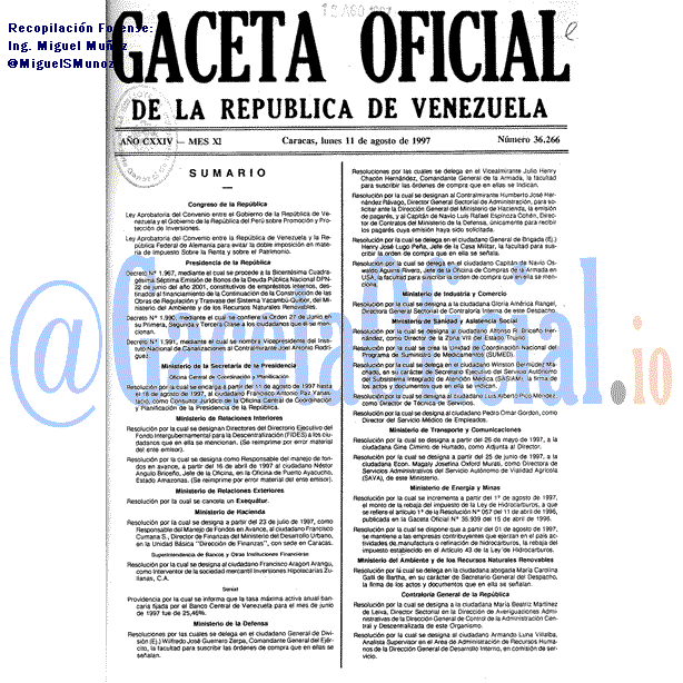 Gaceta Oficial 36266 del 11 Agosto 1997