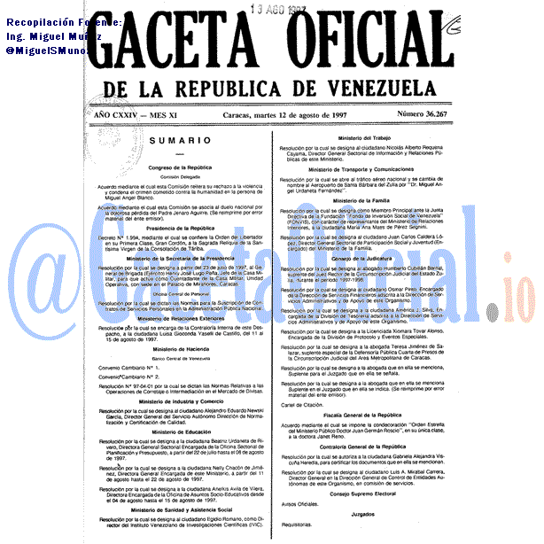 Gaceta Oficial 36267 del 12 Agosto 1997