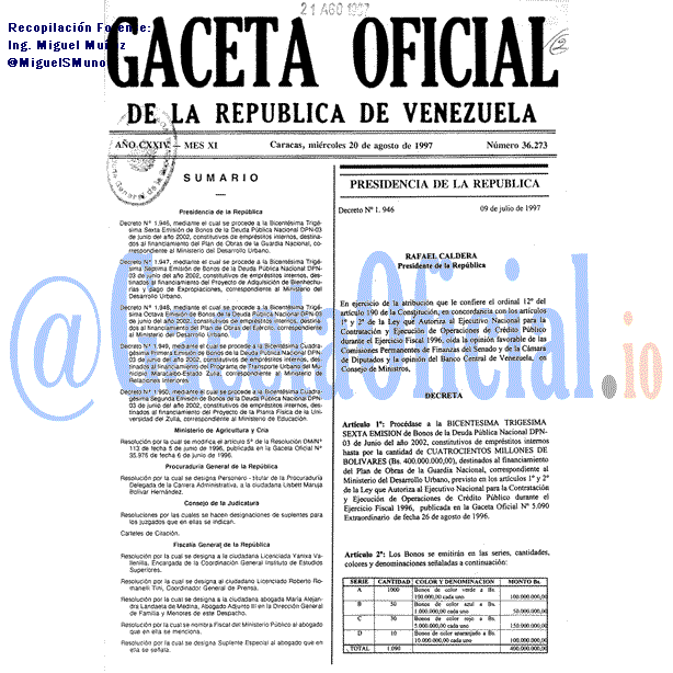 Gaceta Oficial 36273 del 20 Agosto 1997