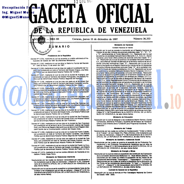 Gaceta Oficial 36353 del 11 Diciembre 1997
